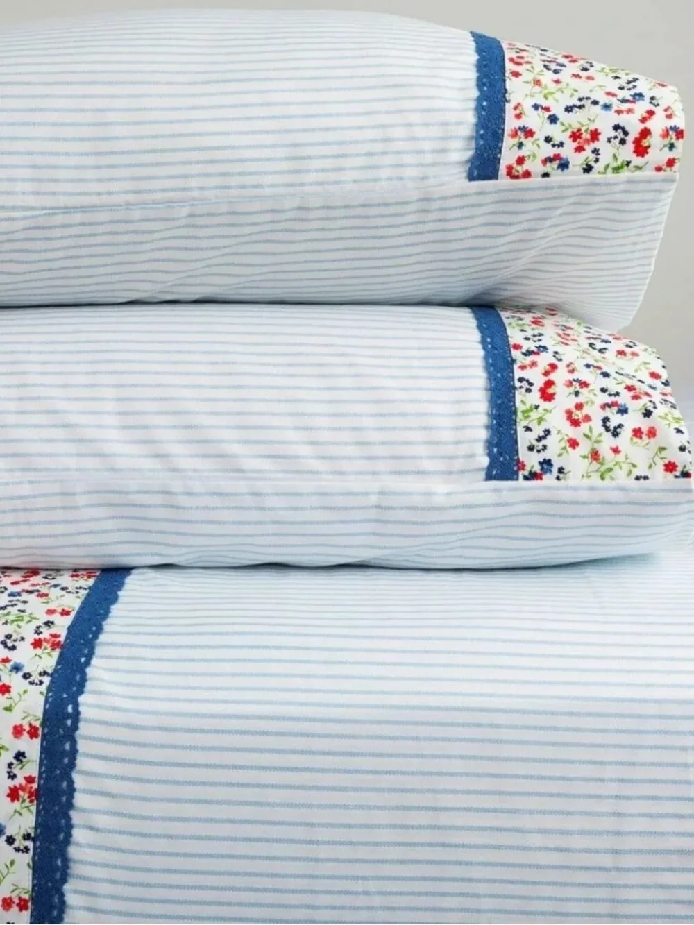 Pioneer Woman 100% cotton 4 pc Full Sheet Set White Blue Stripes wildflowers nwt
